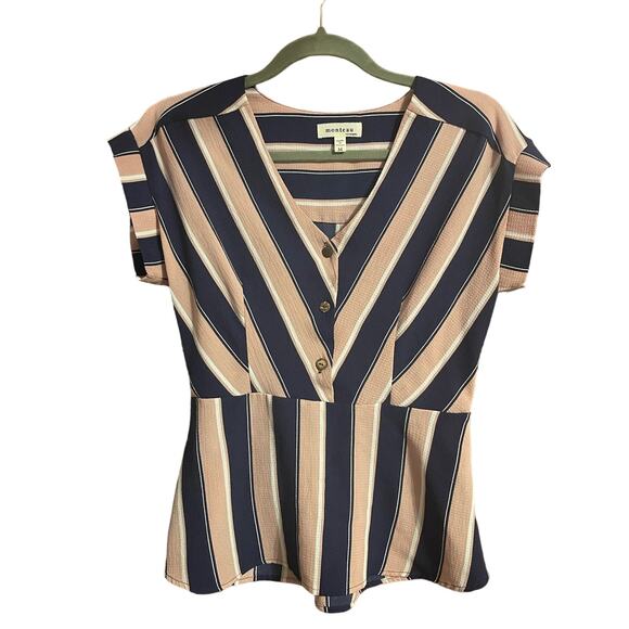 MONTEAU STRIPED PEPLUM‎ BLOUSE NAVY PINK WHITE V-NECK BUTTONS PULLOVER M - Picture 1 of 9
